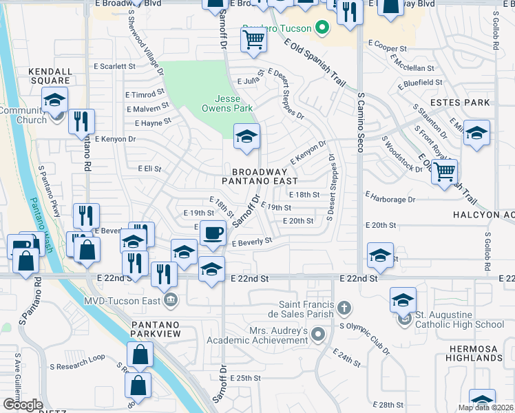 map of restaurants, bars, coffee shops, grocery stores, and more near 923 South Elmerita Avenue in Tucson