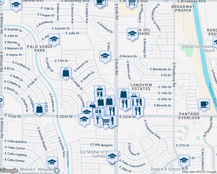 map of restaurants, bars, coffee shops, grocery stores, and more near 830 South Langley Avenue in Tucson