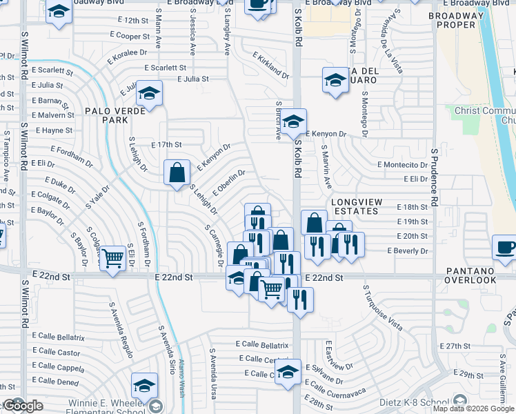 map of restaurants, bars, coffee shops, grocery stores, and more near 6933 East Douglas Place in Tucson