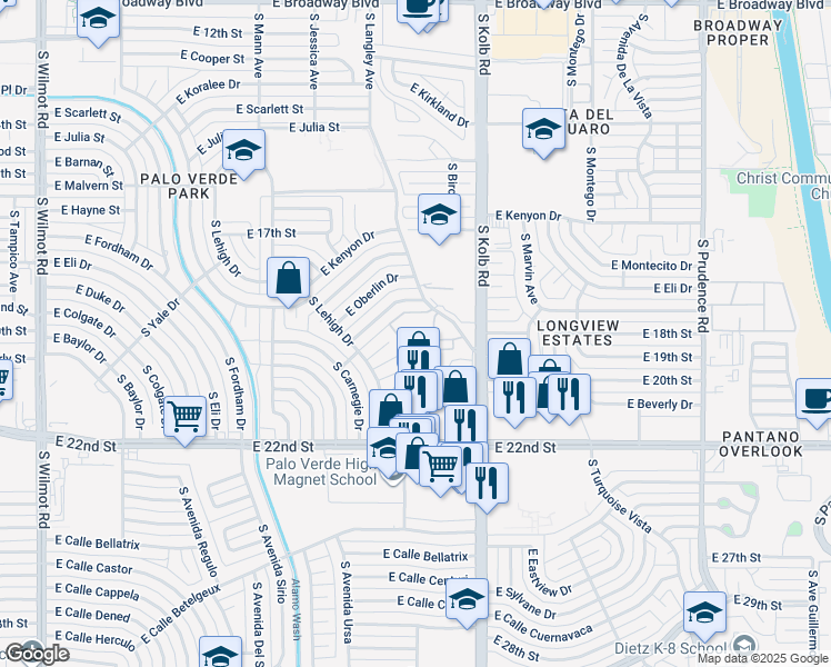map of restaurants, bars, coffee shops, grocery stores, and more near 6933 East Douglas Place in Tucson