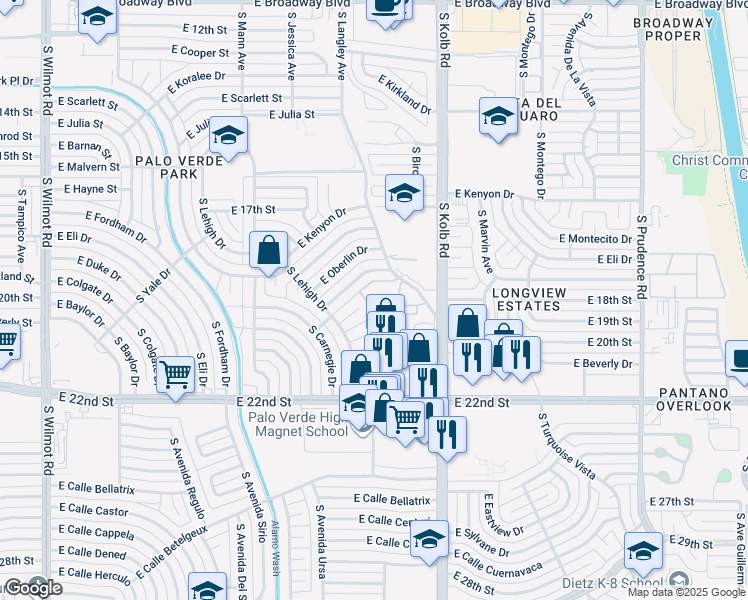 map of restaurants, bars, coffee shops, grocery stores, and more near 6933 East Douglas Place in Tucson