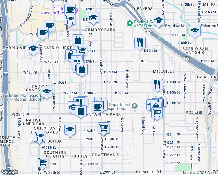 map of restaurants, bars, coffee shops, grocery stores, and more near 335 East 20th Street in Tucson