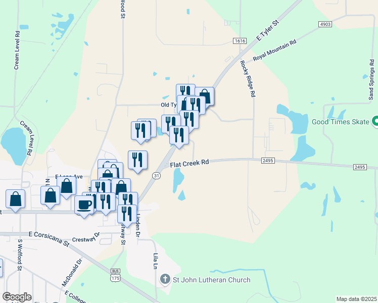 map of restaurants, bars, coffee shops, grocery stores, and more near 1303 Flat Creek Road in Athens