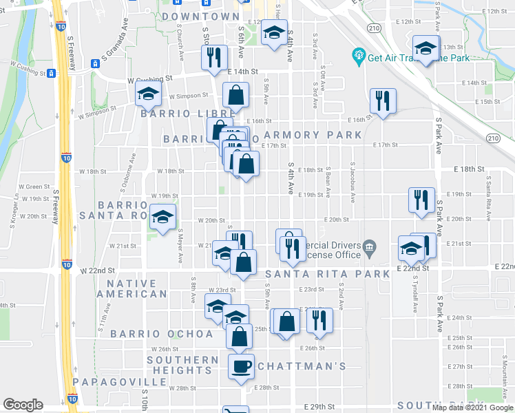 map of restaurants, bars, coffee shops, grocery stores, and more near 917 South Arizona Avenue in Tucson