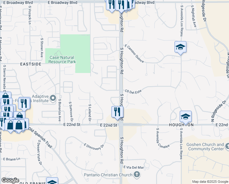 map of restaurants, bars, coffee shops, grocery stores, and more near 10207 East Buffaloberry Loop in Tucson