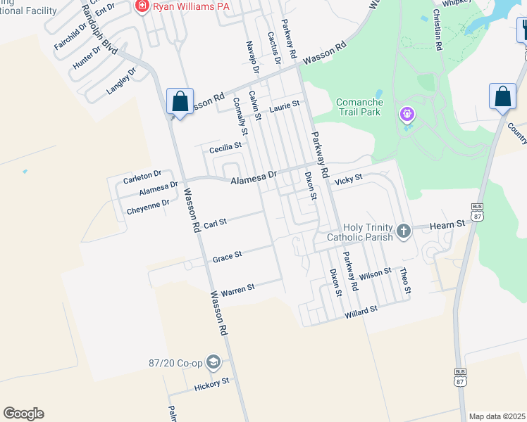 map of restaurants, bars, coffee shops, grocery stores, and more near 2100 Carl Street in Big Spring
