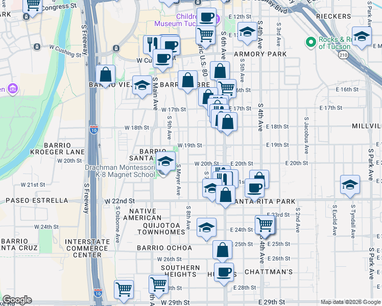 map of restaurants, bars, coffee shops, grocery stores, and more near 949 South 8th Avenue in Tucson