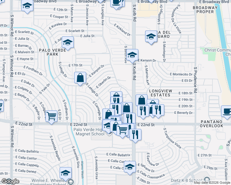 map of restaurants, bars, coffee shops, grocery stores, and more near 6933 East Douglas Place in Tucson