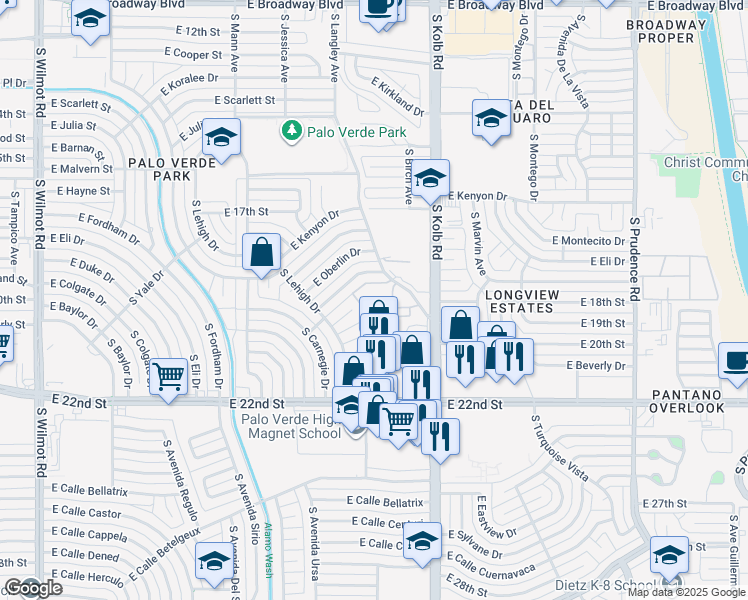 map of restaurants, bars, coffee shops, grocery stores, and more near 6933 East Douglas Place in Tucson