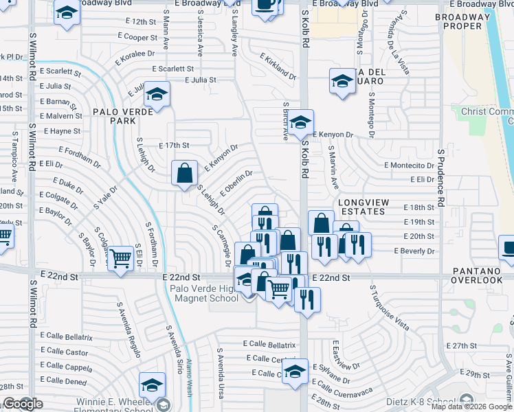 map of restaurants, bars, coffee shops, grocery stores, and more near 6933 East Douglas Place in Tucson