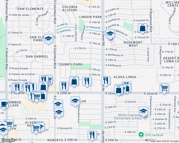 map of restaurants, bars, coffee shops, grocery stores, and more near 4550 East 20th Street in Tucson
