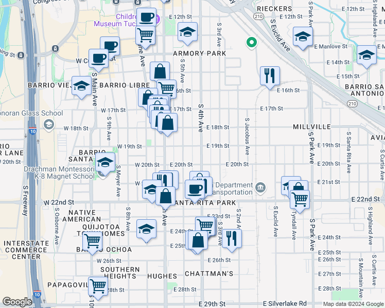 map of restaurants, bars, coffee shops, grocery stores, and more near in Tucson