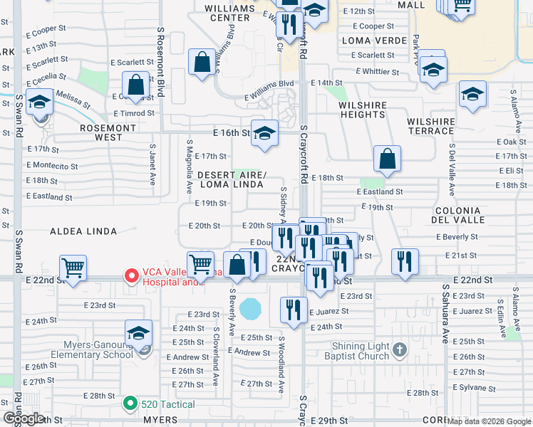 map of restaurants, bars, coffee shops, grocery stores, and more near 5366 East 19th Street in Tucson