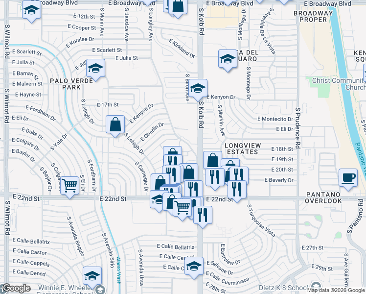 map of restaurants, bars, coffee shops, grocery stores, and more near 814 South Langley Avenue in Tucson