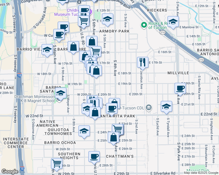 map of restaurants, bars, coffee shops, grocery stores, and more near 909 South 5th Avenue in Tucson