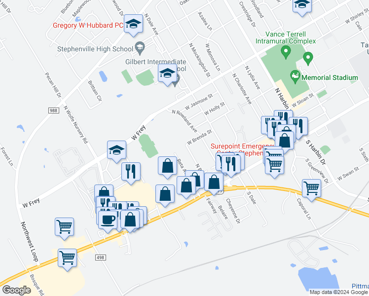 map of restaurants, bars, coffee shops, grocery stores, and more near 290 North Barker Street in Stephenville