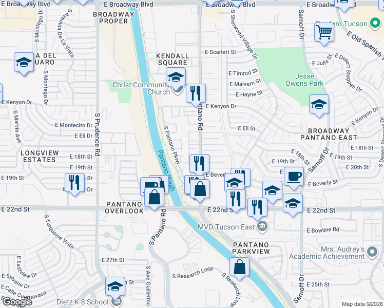 map of restaurants, bars, coffee shops, grocery stores, and more near 808 South Pantano Road in Tucson