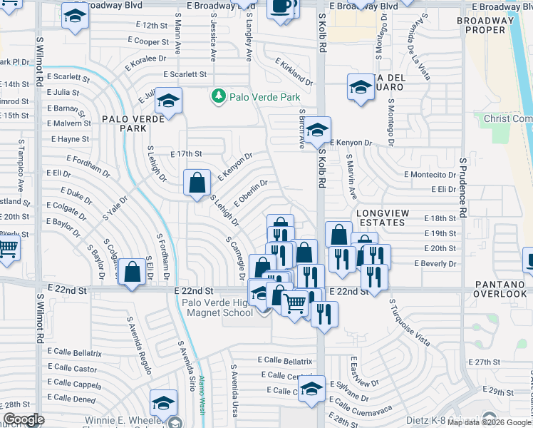map of restaurants, bars, coffee shops, grocery stores, and more near 810 South Langley Avenue in Tucson