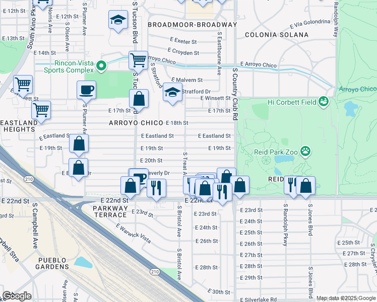 map of restaurants, bars, coffee shops, grocery stores, and more near 2808 East 19th Street in Tucson