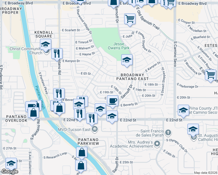 map of restaurants, bars, coffee shops, grocery stores, and more near 8221 East 18th Street in Tucson