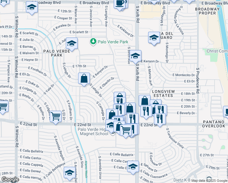 map of restaurants, bars, coffee shops, grocery stores, and more near 6952 East Princeton Drive in Tucson