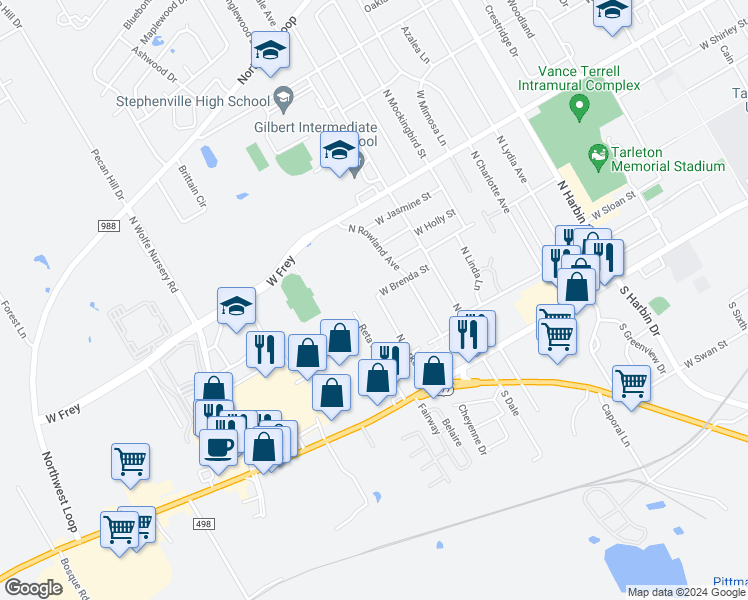 map of restaurants, bars, coffee shops, grocery stores, and more near 292 North Barker Street in Stephenville