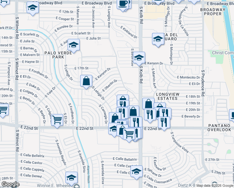 map of restaurants, bars, coffee shops, grocery stores, and more near 6952 East Princeton Drive in Tucson