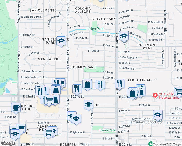 map of restaurants, bars, coffee shops, grocery stores, and more near 4503 East Eastland Street in Tucson