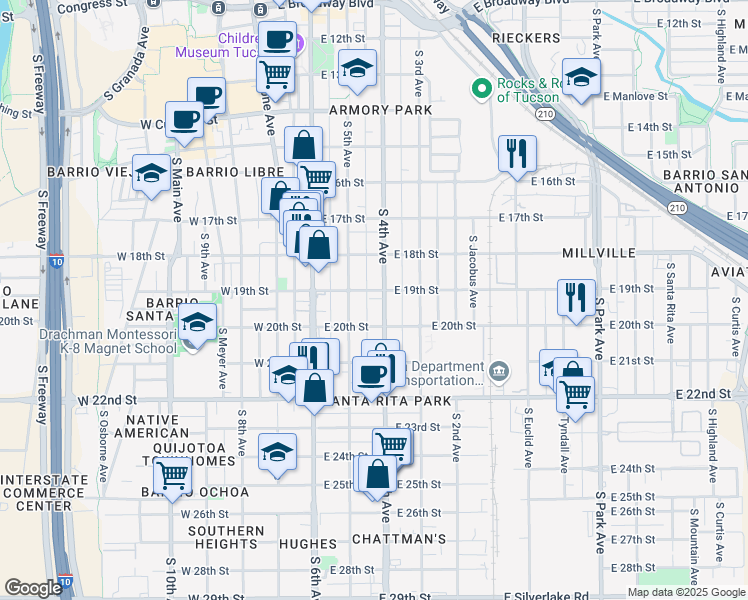 map of restaurants, bars, coffee shops, grocery stores, and more near 847 South 4th Avenue in Tucson