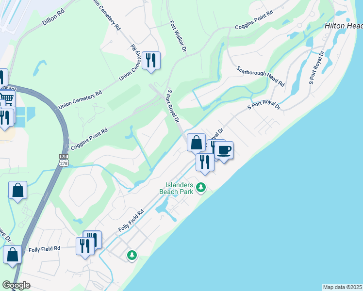 map of restaurants, bars, coffee shops, grocery stores, and more near 2 Wimbledon Court in Hilton Head Island