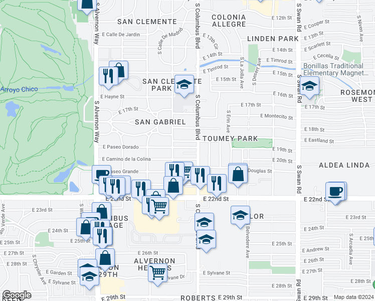 map of restaurants, bars, coffee shops, grocery stores, and more near 4240 East Paseo Dorado in Tucson