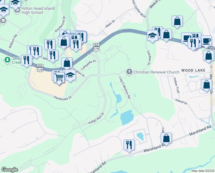 map of restaurants, bars, coffee shops, grocery stores, and more near 50 Branford Lane in Hilton Head Island