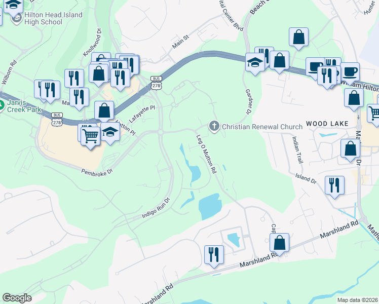 map of restaurants, bars, coffee shops, grocery stores, and more near 107 Leg O Mutton in Hilton Head Island