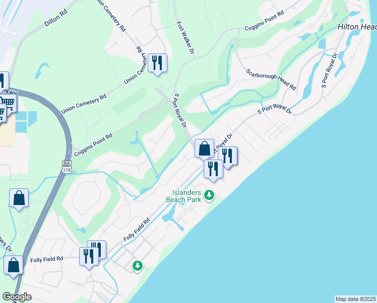 map of restaurants, bars, coffee shops, grocery stores, and more near 2 Wimbledon Court in Hilton Head Island