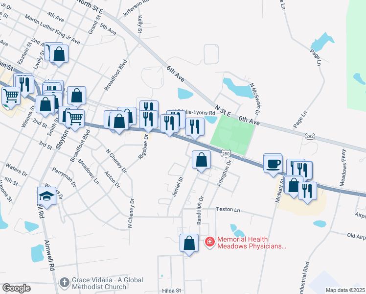 map of restaurants, bars, coffee shops, grocery stores, and more near 1609 East 1st Street in Vidalia