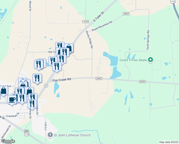 map of restaurants, bars, coffee shops, grocery stores, and more near 1401-1559 Rocky Ridge Road in Athens