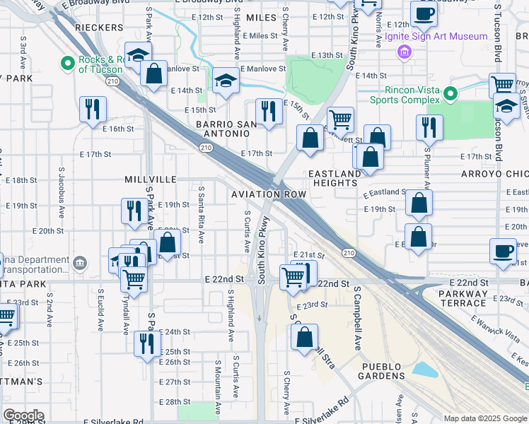 map of restaurants, bars, coffee shops, grocery stores, and more near East Warehouse Avenue in Tucson