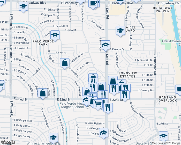 map of restaurants, bars, coffee shops, grocery stores, and more near 808 South Langley Avenue in Tucson