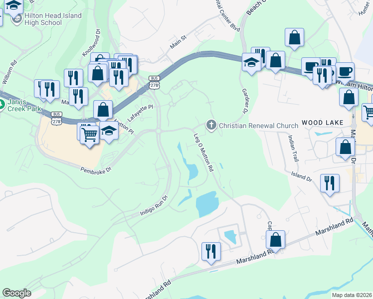 map of restaurants, bars, coffee shops, grocery stores, and more near 107 Leg O Mutton in Hilton Head Island