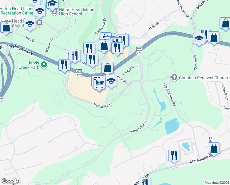 map of restaurants, bars, coffee shops, grocery stores, and more near 165 Pembroke Drive in Hilton Head Island