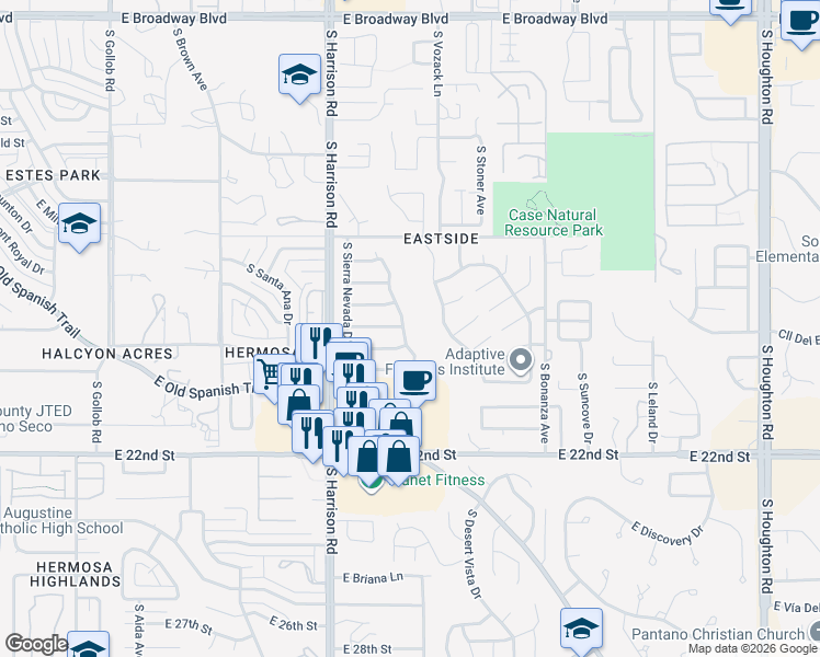 map of restaurants, bars, coffee shops, grocery stores, and more near 793 South Smokey Mountains Road in Tucson