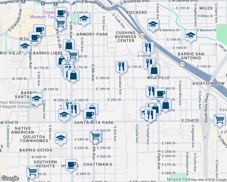 map of restaurants, bars, coffee shops, grocery stores, and more near 846 South 2nd Avenue in Tucson