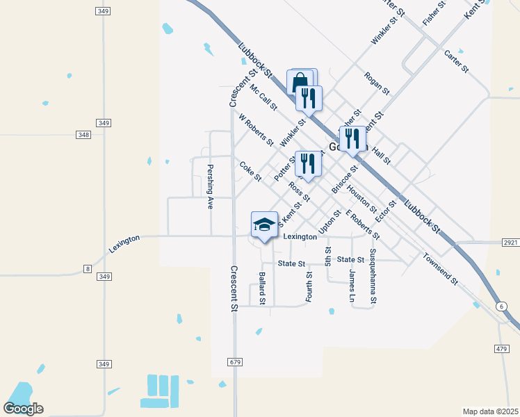 map of restaurants, bars, coffee shops, grocery stores, and more near 319 South Fisher Street in Gorman