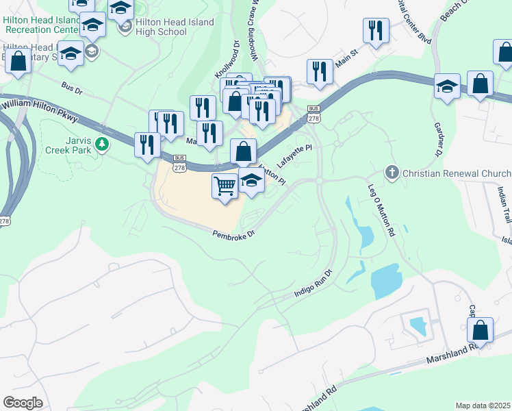 map of restaurants, bars, coffee shops, grocery stores, and more near 165 Pembroke Drive in Hilton Head Island