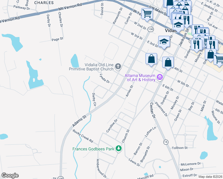 map of restaurants, bars, coffee shops, grocery stores, and more near 900B Vann Street in Vidalia