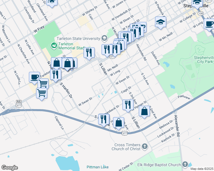 map of restaurants, bars, coffee shops, grocery stores, and more near 428 South Lillian Street in Stephenville