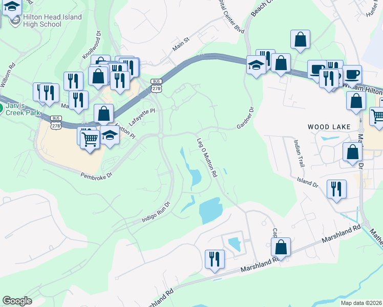 map of restaurants, bars, coffee shops, grocery stores, and more near 107 Leg O Mutton in Hilton Head Island