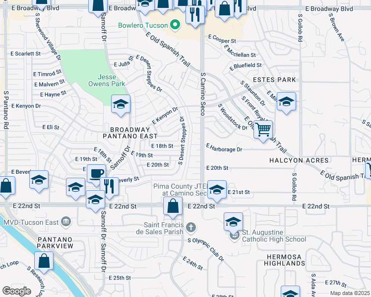 map of restaurants, bars, coffee shops, grocery stores, and more near 801 South Desert Steppes Drive in Tucson