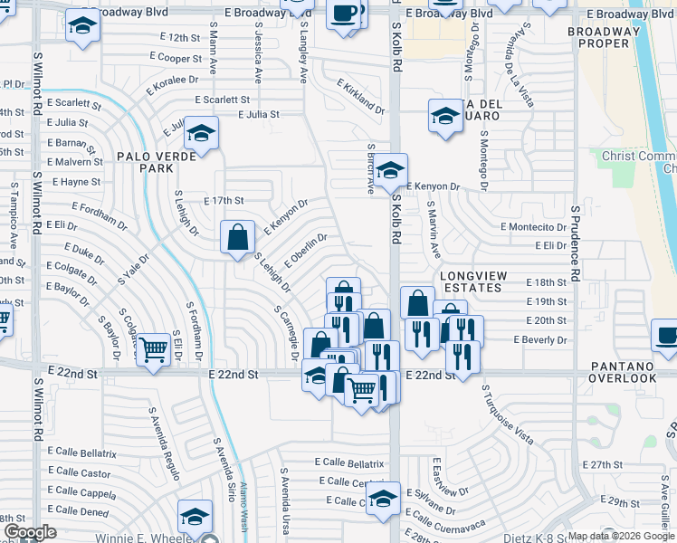 map of restaurants, bars, coffee shops, grocery stores, and more near 6952 East Princeton Drive in Tucson