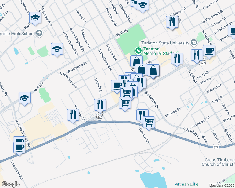 map of restaurants, bars, coffee shops, grocery stores, and more near 2131 West Washington Street in Stephenville